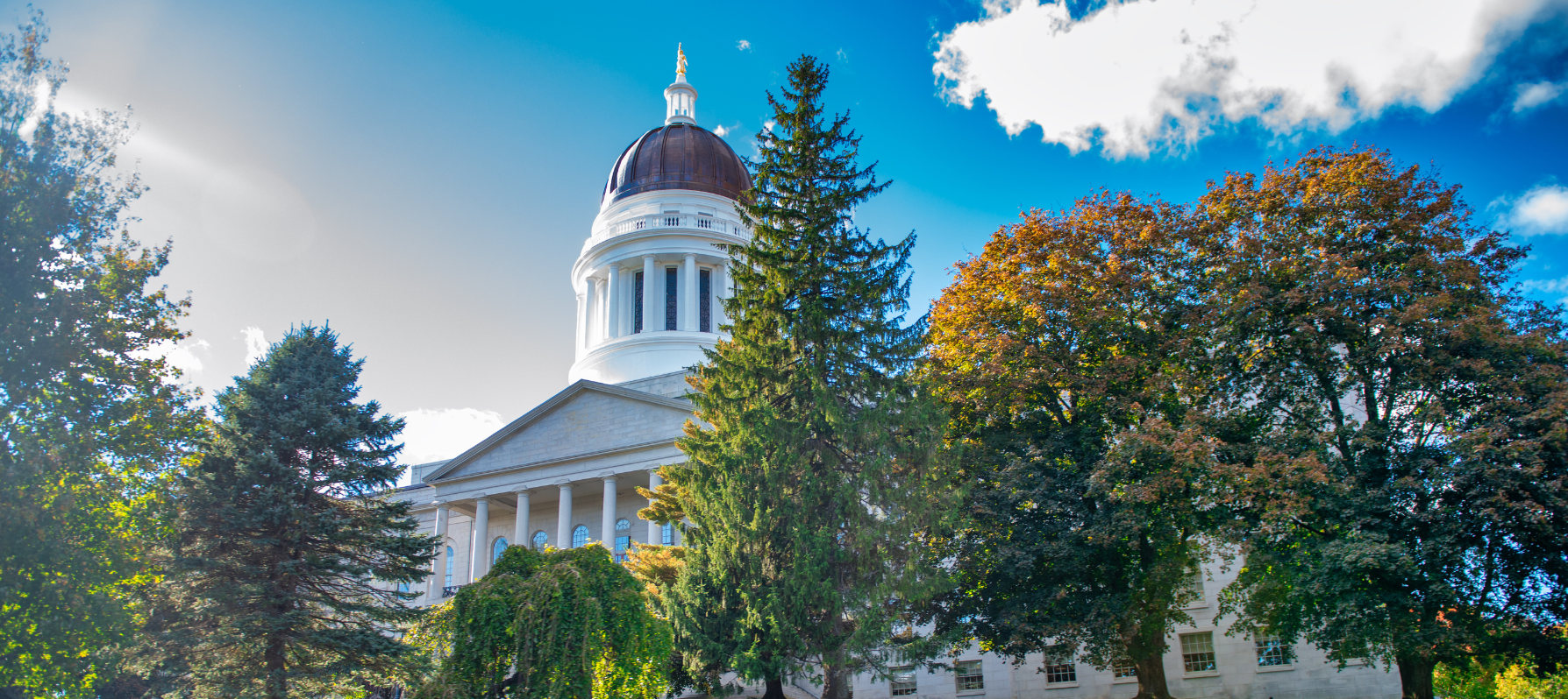 View of the Maine state capital through trees