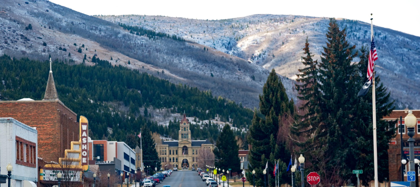 view of town center and mountains